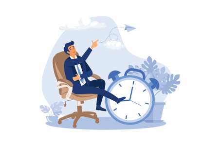 Productivity and efficiency in work, procrastination or time management or project deadline, best performance employee concept, smart relax businessman sitting on alarm clock launching paper airplane. flat design modern illustrationのイラスト素材