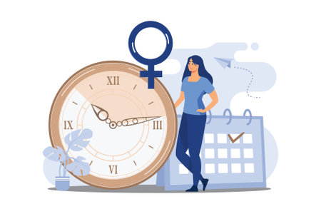 Young woman marks the date of her period in the online calendar. App for tracking menstrual cycle and ovulation, delayed menstruation. flat design modern illustrationのイラスト素材