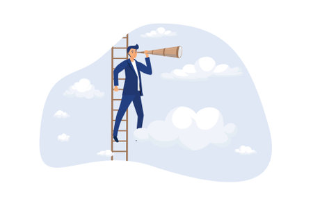 Success ladder for business opportunity, smart businessman climb up ladder look through telescope visionary.flat design modern illustrationのイラスト素材