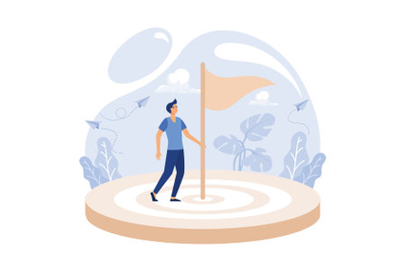 increase motivation, a way to achieve a goal, a businessman in the center with a flag. flat design modern illustrationのイラスト素材