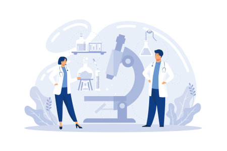 Medical tests template. chemical laboratory analysis. laboratory analysis concept. woman laboratory assistance with microscope, medical office or laboratoryのイラスト素材