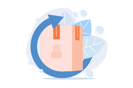 Refund policy, cashback idea. Package return conditions, delivery service guarantee, warranty claim. Cardboard package and arrow on white background.のイラスト素材
