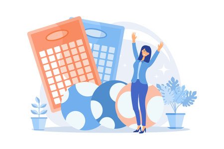 Excited woman won jackpot, gambler playing lotto. Gambling game, bingo cards, lottery balls. Fortunate girl, lucky winner, victory chance. flat vector modern illustrationのイラスト素材