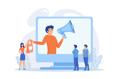 Bonus program, discounts and gifts, advertising campaign. Offer for buyers, merchandise promotion. Promoter with megaphone cartoon character. flat vector modern illustrationのイラスト素材