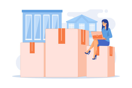 Relocation services. Apartment rent, accommodation leasing, real estate agency website design element. Woman with laptop sitting on cardboard boxes. flat vector modern illustrationのイラスト素材