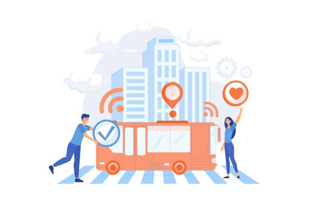 Passengers like and approve autonomos robotic driverless bus. Autonomous public transport, self-driving bus, urban transport services concept. flat vector modern illustrationのイラスト素材