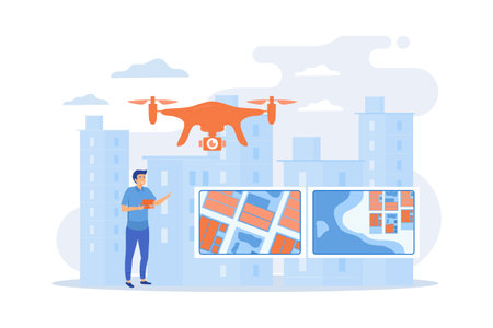 Drone, quadcopter operator, pilot making photos. UAV with camera. Aerial photography, air survey services, drone photo of your event concept. flat vector modern illustrationのイラスト素材