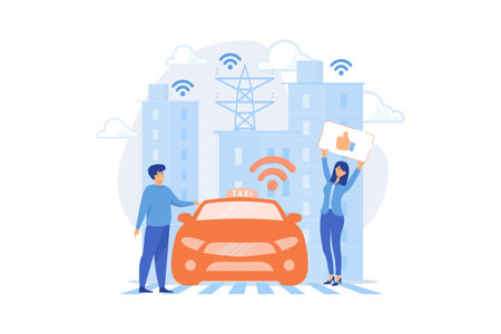 City using intelligent transportation system technologies. Intelligent transportation system, traffic management, smart city technologies concept. flat vector modern illustrationのイラスト素材