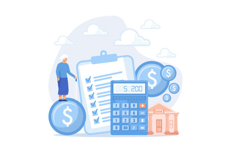 Earnings fund, budget calculating, social security. Retirement preparation, financial savings of retirees, pension saving planning concept. flat vector modern illustrationのイラスト素材