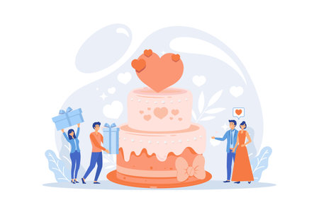 Bride and groom at wedding party and guests with gifts at big cake. Wedding party planning, bridal party ideas, bridesmaid dresses and gowns concept. flat vector modern illustrationのイラスト素材