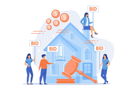 Property buying and selling. Auction house, exclusive bids here, consecutive biddings processing, business that runs auctions concept. flat vector modern illustrationのイラスト素材