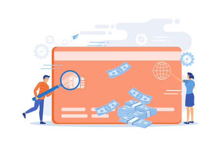 Plastic bank card, microchip and man with magnifier. Credit card payment and shopping, e-commerce, bank technology, secure purchase online concept. flat vector modern illustrationのイラスト素材