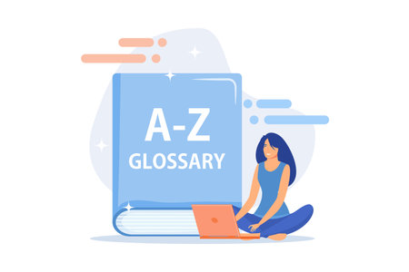 English language studying. Internet glossary, modern vocabulary, dictionary idea. Translator with laptop. Woman searching definition online. flat vector modern illustrationのイラスト素材