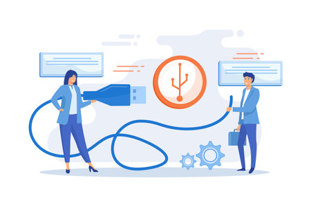 Businessman and woman choosing port to insert cable and USB symbol. USB connection, USB port standard, digital data communications concept. flat vector modern illustrationのイラスト素材
