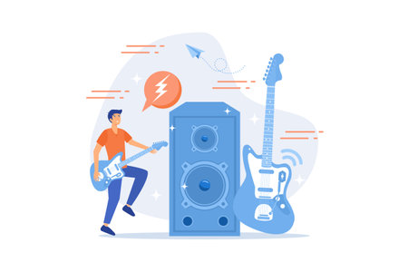 Guitarist playing the electric guitar at concert, tiny people. Rock music style, rock and roll party, rock music festival concept.flat vector modern illustrationのイラスト素材
