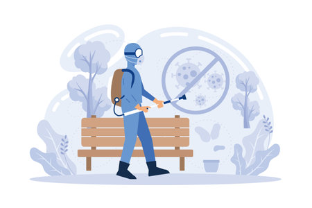 Virus protection. Public place sanitizing flat vector modern illustrationのイラスト素材