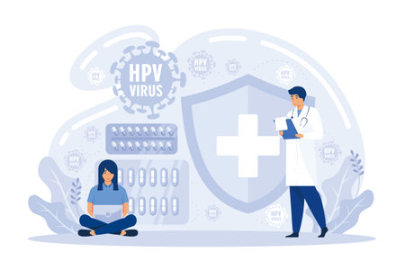 Human papillomavirus prevention, immunity development, antivirus creation. HPV test, HPV vaccination, HPV education programs metaphors. flat vector modern illustrationのイラスト素材