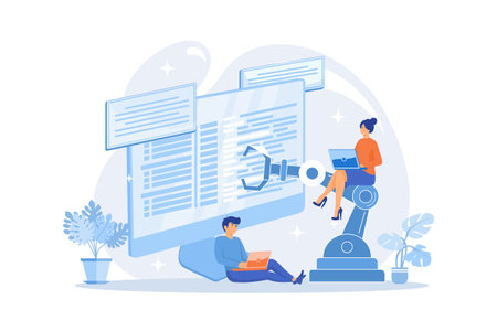 Developer at laptop and computer with open robotic soft. Open automation architecture, open source robotics soft, free development concept. flat vector modern illustrationのイラスト素材