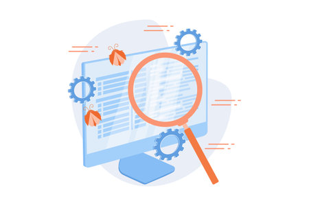 Bug fixing and software testing. Computer virus searching tool. Devops, web optimization, antivirus app. Magnifier, cogwheel and monitor design element. flat vector modern illustrationのイラスト素材