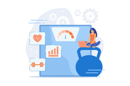 Fitness software. Slimming organizer, sport training planner, weight loss program. Woman using laptop for workout progress and wellness tracking. flat vector modern illustrationのイラスト素材