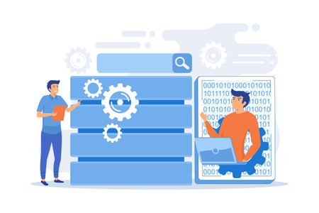 Developer using big data applications and tablet. Data processing software, database management and analysis, information privacy concept, violet palette. flat vector modern illustrationのイラスト素材