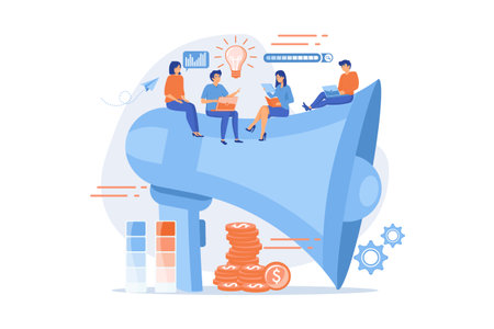 Digital marketing team with laptops and light bulb. Marketing team metrics, marketing team lead and responsibilities concept on white background. flat vector modern illustrationのイラスト素材