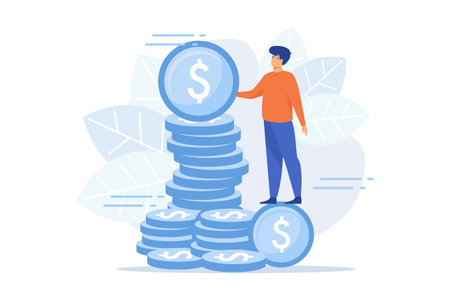 Finances management. Budget assessment, financial literacy, accounting idea. Financier with cash, economist holding golden coin cartoon character. flat vector modern illustrationのイラスト素材