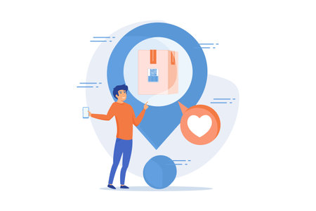 Online store order, parcel tracking. Postal service, GPS, navigation tool. Cardboard box in pin isolated flat design element. Delivery and shipment control. flat vector modern illustrationのイラスト素材