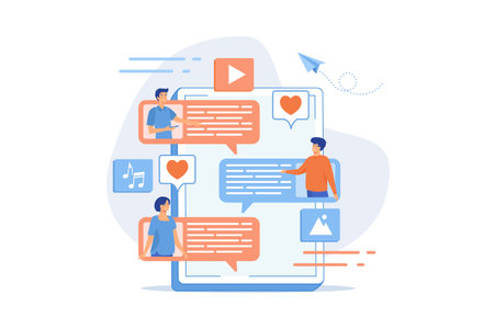 Tablet with users communicating and speech bubbles. Global internet communication, social media and network technology, chat, message and forum concept, violet palette. flat vector modern illustrationのイラスト素材