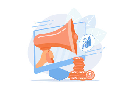 Marketing investment. Profit, revenue, income. Golden coins stack, laptop and megaphone. Business funding. Savings and earnings growth. flat vector modern illustrationのイラスト素材