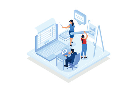 Create class. Elearning teaching software interface, creating a virtual classroom, online training features.isometric vector modern illustrationのイラスト素材