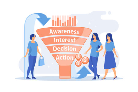 Sales funnel stages, potencial customers, buyer with purchase. Sales funnel management, customer journey representation, sales funnel stages concept, flat vector modern illustrationのイラスト素材