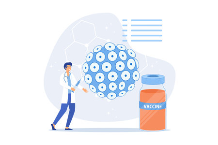 HPV vaccination for reduce virus infection risk or oncology. Human papillomavirus. HPV infection medication. Doctor vaccinate against cervical cancer. Scientist analyzing infected cells, flat vector modern illustrationのイラスト素材
