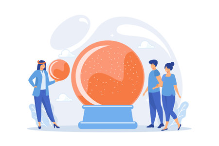 Magical divination and cartomancy. Gipsy soothsayer, prophet with clients. Fortune telling, fortune teller online, tarot reading services concept, flat vector modern illustrationのイラスト素材
