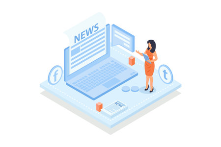 Conceptual template with person sitting in front of laptop computer and reading newspaper on screen. Scene for subscription to newsletter or news via email, isometric vector modern illustrationのイラスト素材