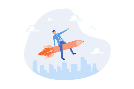Pencil rocket as education, creativity or fun idea, imagination or creative freedom, launch new project or business improvement concept, flat vector modern illustrationのイラスト素材