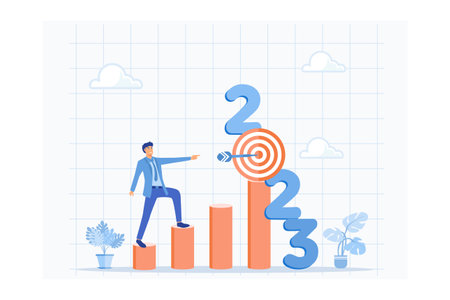 determine targets for business in 2023. an entrepreneur analyzes and sets strategies to develop or improve business performance. happy new year 2023, flat vector modern illustrationのイラスト素材