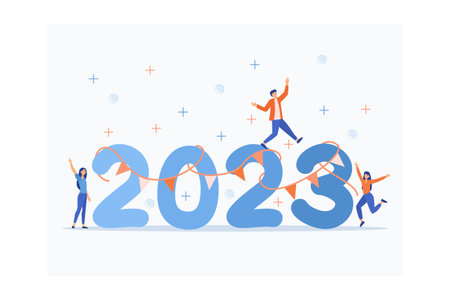 People partying to celebrate new year's eve from 2022 to 2023. happy new year 2023. people activities, decorating, dancing, having fun, flat vector modern illustrationのイラスト素材