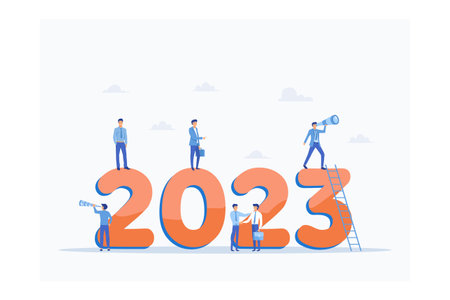 Happy new year 2023. 2023 business goals concept, Business team seeking new opportunities. Leadership. Vision. Achievement, flat vector modern illustrationのイラスト素材