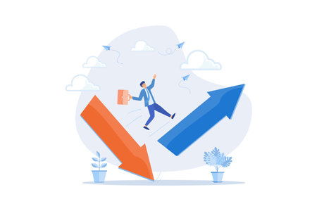 Economic and investment improvement or recover from crisis, stock market or crypto uncertainty, change from down turn to rising up concept, flat vector modern illustrationのイラスト素材