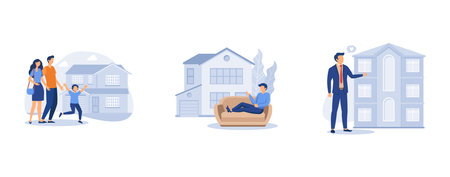 Real estate market. Family house, private residence, condominium, mortgage loan, down payment, land ownership, detached home. set flat vector modern illustrationのイラスト素材