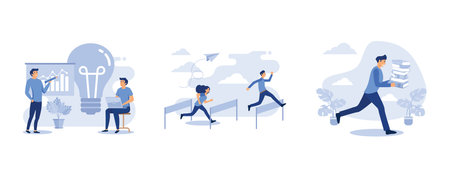 Sharing and search business ideas, concept of business motivation and ambition, online books and study guides, set flat vector modern illustrationのイラスト素材