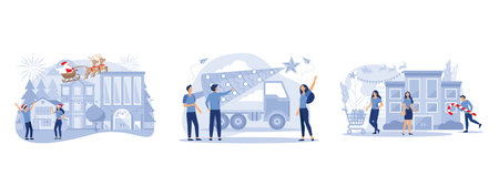 purchase of goods and gifts, Vintage pickup with Christmas tree in the trunk, festive decoration of the atmosphere and fireworks, set flat vector modern illustrationのイラスト素材