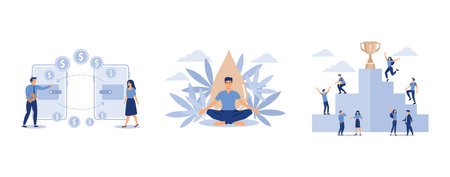 money transfer, medical use of oil, businessmen climb the ladder to the goal in the form of a golden cup, set flat vector modern illustrationのイラスト素材