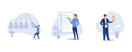 man holding smile face pendulum ball to hit other sad faces, completed checklist, always get idea to solve any problems concept, set flat vector modern illustrationのイラスト素材
