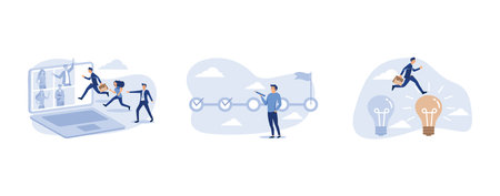 remotely work from home virtually or work in office onsite, task completion or checklist to remind project progress concept, light bulbs with icons and shining fibers in a shape of Change Management, set flat vector modern illustrationのイラスト素材