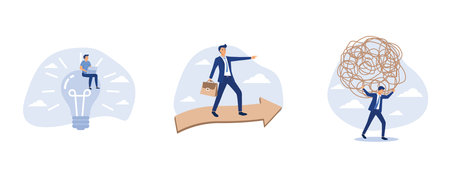 creative idea to solve work problem, business moving forward to achieve success, tried exhausted businessman carrying heavy messy line on his back, set flat vector modern illustrationのイラスト素材