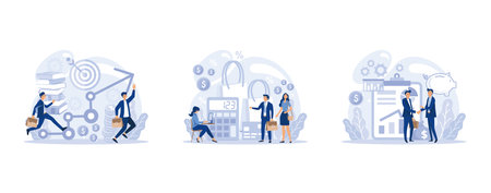 Financial or business profession set. Business character making financial operations and developing. Audit, insurance, financial consultant and analyst, set flat vector modern illustrationのイラスト素材