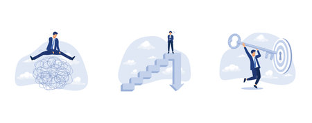 smart thinking to overcome difficulty obstacle or emotional problem, career dead end or financial risk concept, key to success and achieve business target, set flat vector modern illustrationのイラスト素材