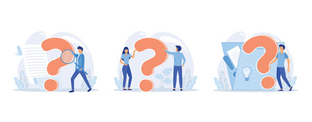 Question mark, obtaining information of interest. Problem and solution, FAQ help. Decision of information task, ask questions and receive answers, set flat vector modern illustrationのイラスト素材